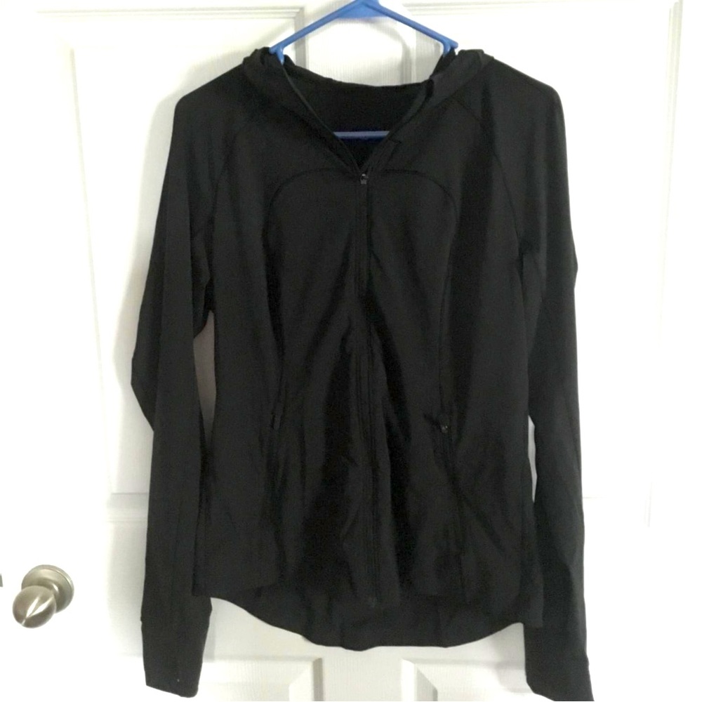Lululemon “Mist Over Windbreaker” Black hooded jacket with pockets, size 8